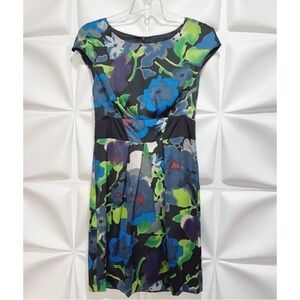 Mac & Jac Sz S Black Blue Floral Print Spring Easter Silky Pleated Dress Summer